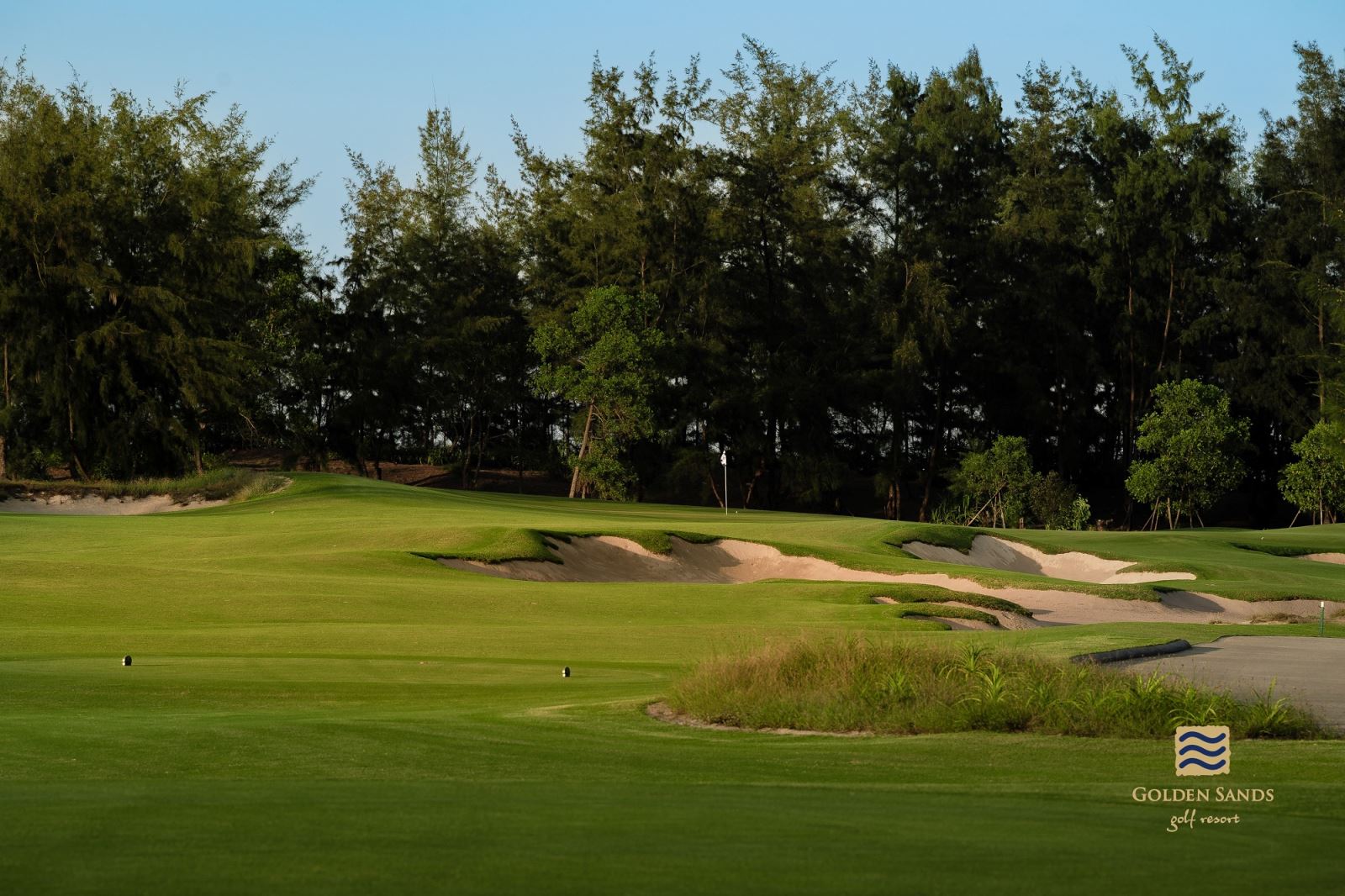 A golf course with trees in the backgroundAI-generated content may be incorrect.