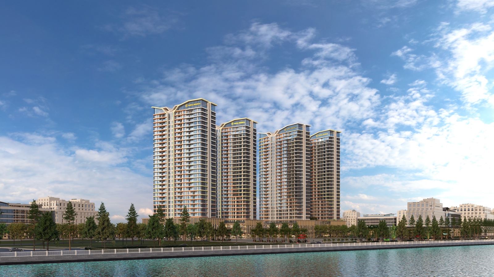 A group of tall buildings next to a body of waterAI-generated content may be incorrect.
